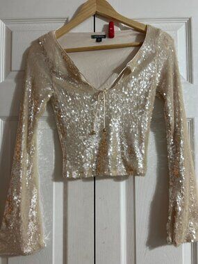 Champagne Gold Sequin Bell Sleeve Crop Top Y2K Glam XXS